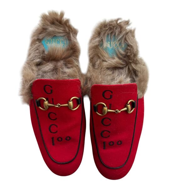 GUCCI Princetwon Horsebit Mule with Fur Gucci 100 Red Size 7 - Picture 3 of 11